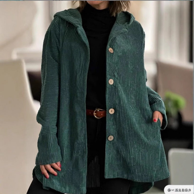 Veste femme décontractée – Velours côtelé – Coupe oversize – Capuche – Boutons – Poches
