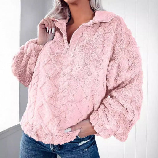 Sweat-shirt femme – coupe oversize – polaire duveteuse – demi-zip col montant