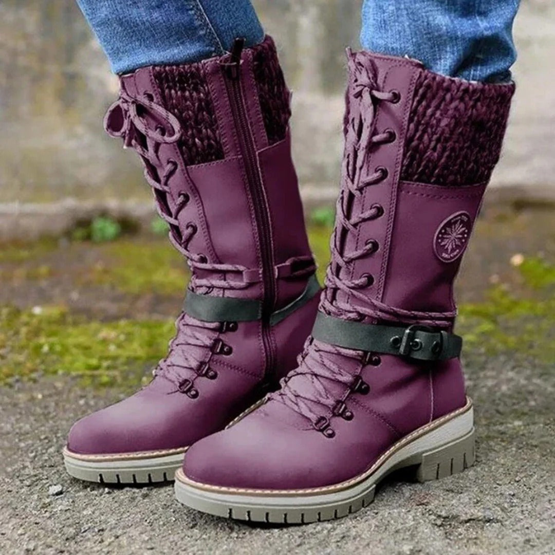 Bottes femme hauteur genou – Laçage frontal – Zip latéral – Revers en maille laine