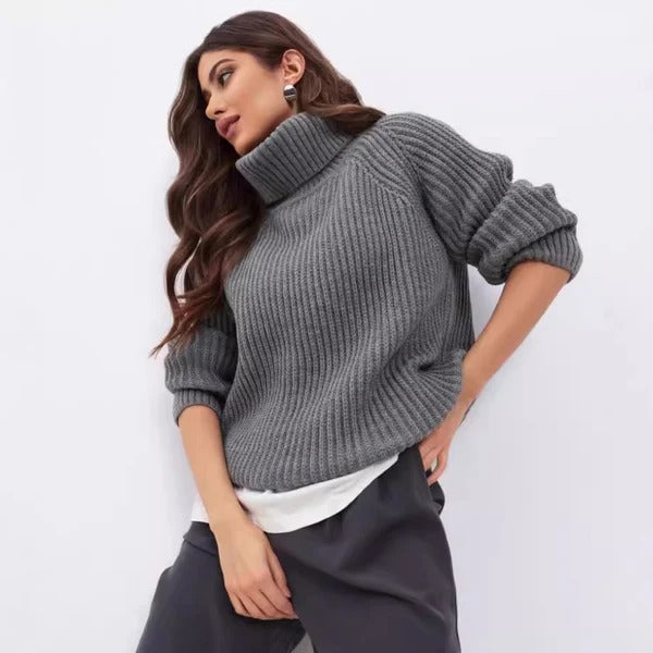 Pull Femme – Col Roulé Haut – Coupe Décontractée – Maille Côtelée en Laine