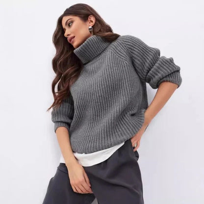 Pull Femme – Col Roulé Haut – Coupe Décontractée – Maille Côtelée en Laine