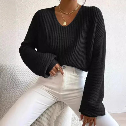 Pull femme – Coupe décontractée – Maille côtelée – Col en V – Manches longues