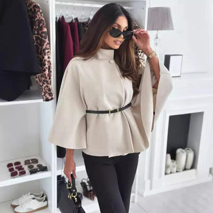 Blouse femme – Style poncho – Taille ceinturée – Col montant – Coupe fluide élégante