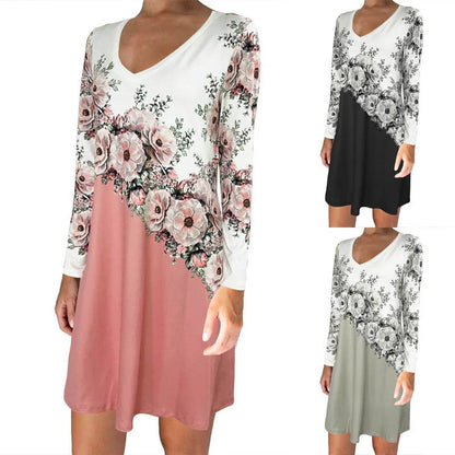 Robe midi femme – Coupe fluide – Manches longues – Col en V – Motif floral élégant