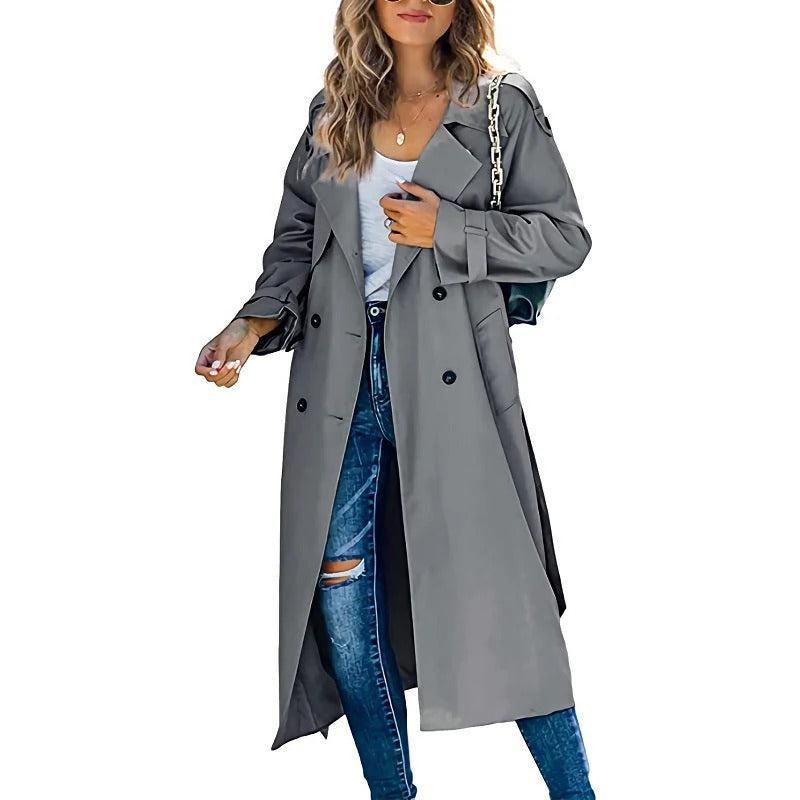 Manteau Trench Femme – Coupe Décontractée – Longue – Double Boutonnage – Large Revers