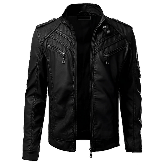 Blouson homme – Cuir lisse – Coupe ajustée – Col montant – Poches zippées
