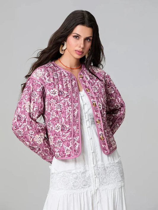 Veste matelassée femme – Coupe décontractée – Motif floral – Boutons – Longueur hanches
