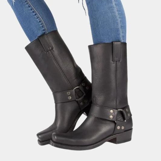 Bottes mi-mollet femme – Cuir lisse – Design harnais – Boucle métallique – Clous décoratifs