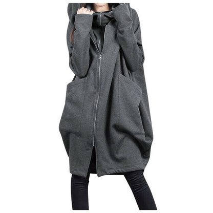 Manteau mi-long femme – Coupe oversize – Capuche – Zip frontal – Style décontracté