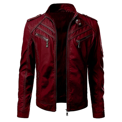 Blouson homme – Cuir lisse – Coupe ajustée – Col montant – Poches zippées