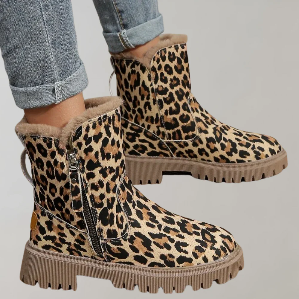 Bottes mi-mollet femme – Motif animal – Doublure chaude – Semelle crantée – Fermeture zippée