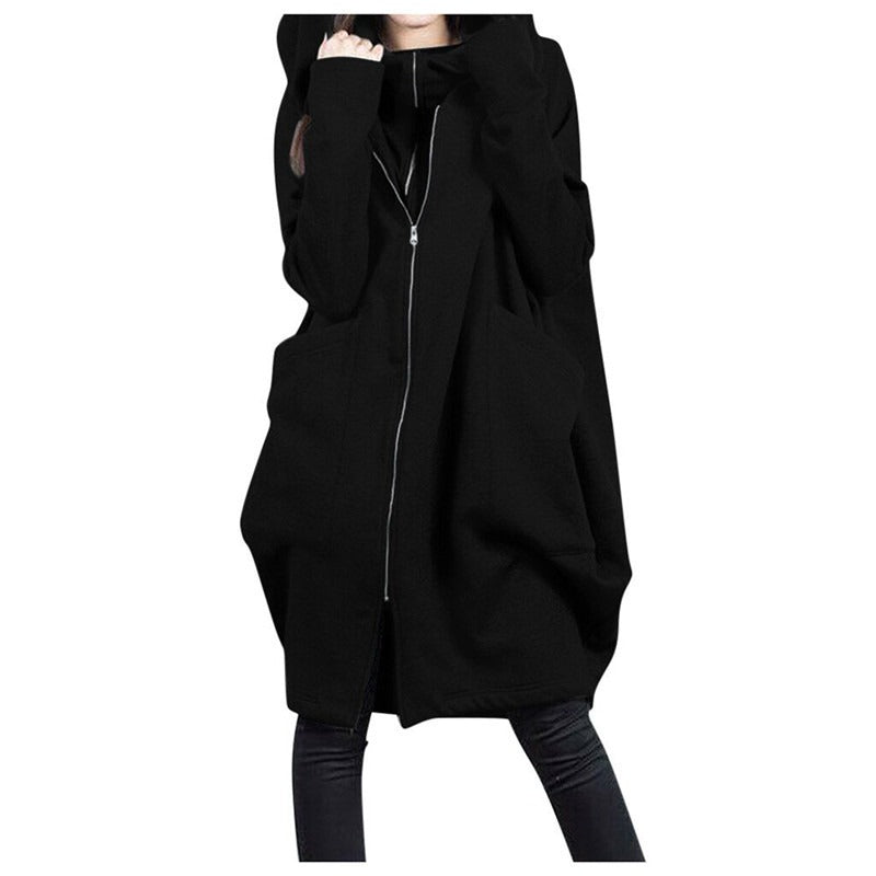 Manteau mi-long femme – Coupe oversize – Capuche – Zip frontal – Style décontracté