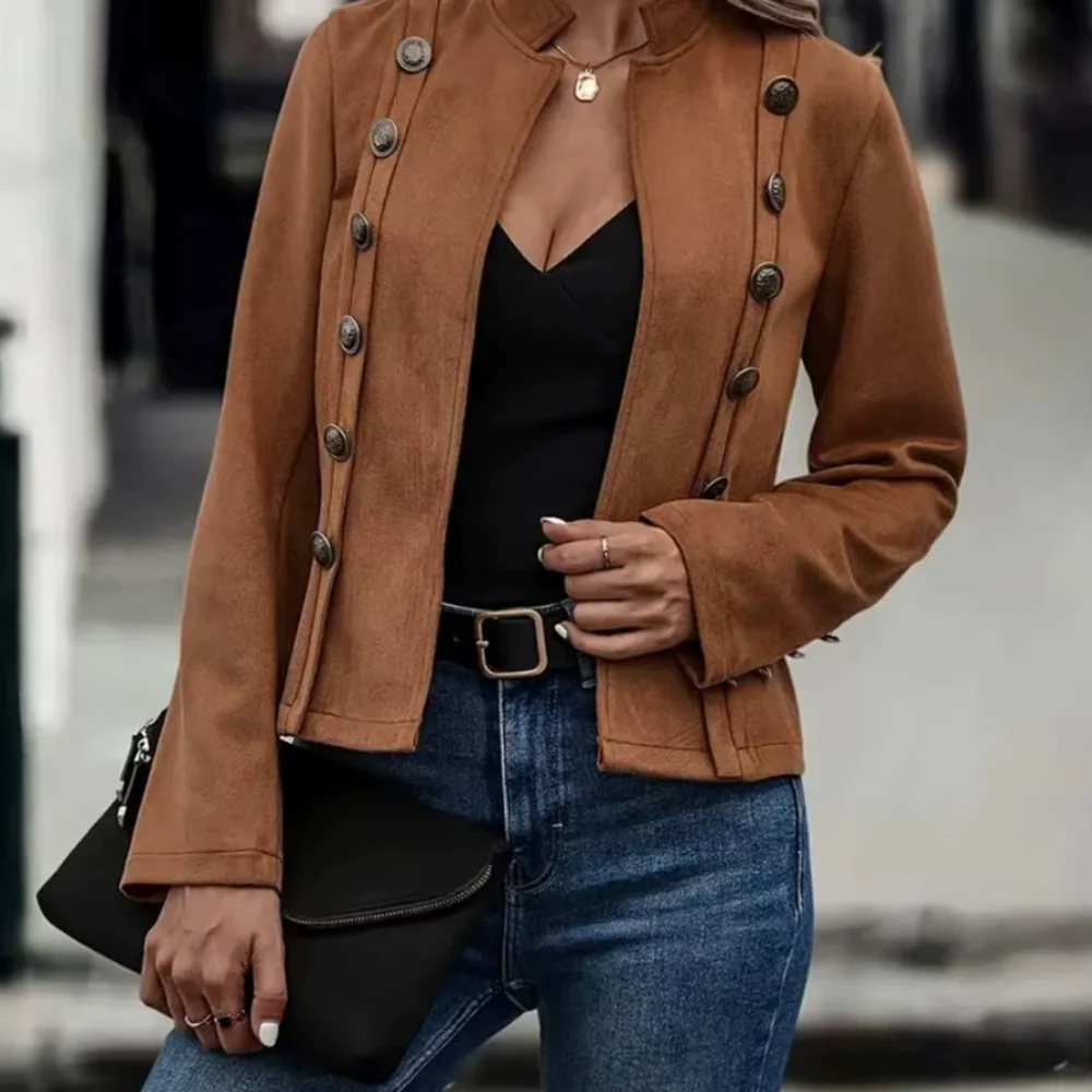 Veste tailleur femme – Coupe ajustée – Tissu effet suède – Col montant élégant