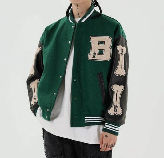 Veste bomber varsity femme – Coupe décontractée – Laine – Manches simili cuir – Patches