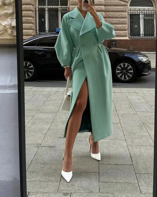 Manteau trench femme – Coupe évasée – Long – Laine – Double boutonnage avec ceinture