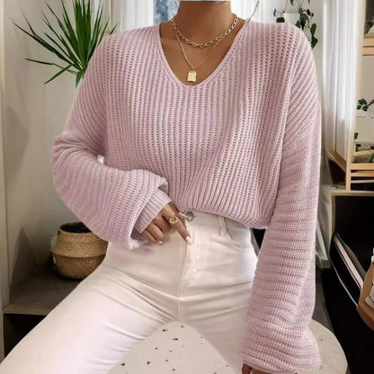 Pull femme – Coupe décontractée – Maille côtelée – Col en V – Manches longues