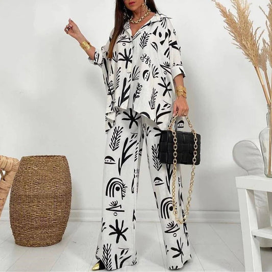 Ensemble Femme – Haut Boutonné Col Chemise – Pantalon Large – Tissu Respirant