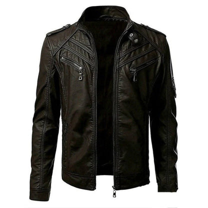 Blouson homme – Cuir lisse – Coupe ajustée – Col montant – Poches zippées