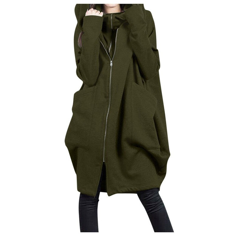 Manteau mi-long femme – Coupe oversize – Capuche – Zip frontal – Style décontracté