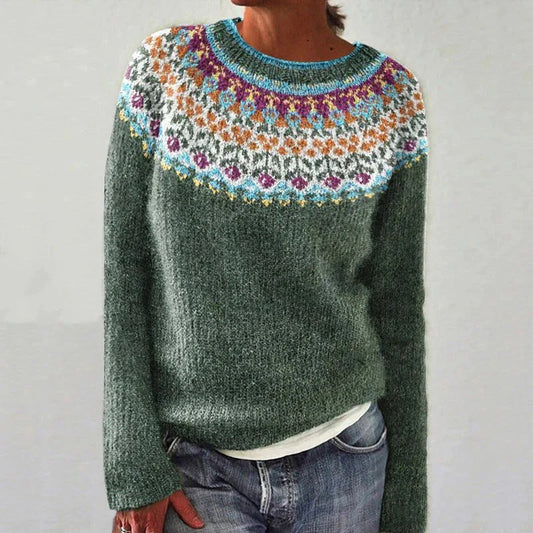 Pull femme – Coupe décontractée – Maille laine – Motif jardin – Col rond – Manches longues