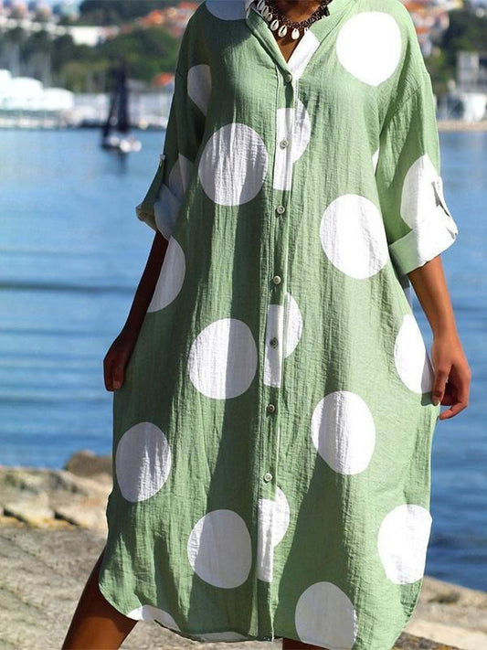Robe chemise femme – Coupe oversize – Coton respirant – Imprimé pois – Longueur midi