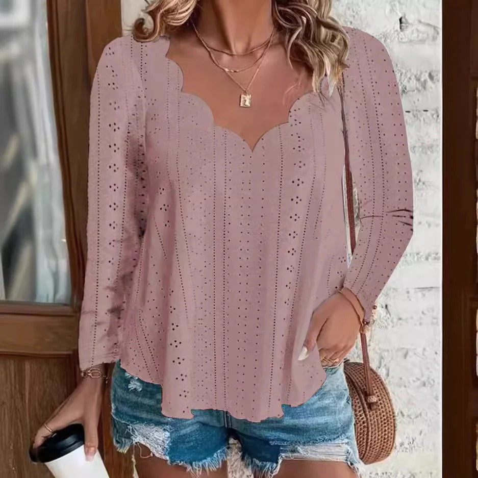 Blouse femme – Coupe décontractée – Coton léger – Broderie florale – Manches longues