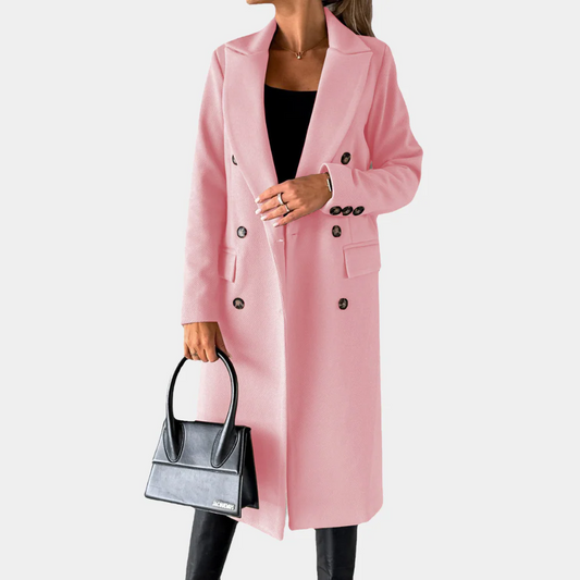 Manteau long femme – Coupe cintrée – Style croisé – Col à revers – Aspect laine