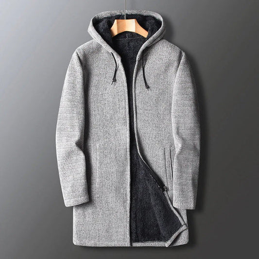 Veste à capuche homme – Coupe décontractée – Tissu chaud effet laine – Longue zippée