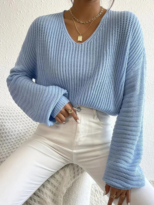 Pull femme – Coupe décontractée – Maille côtelée – Col en V – Manches longues