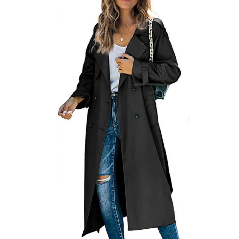 Manteau Trench Femme – Coupe Décontractée – Longue – Double Boutonnage – Large Revers