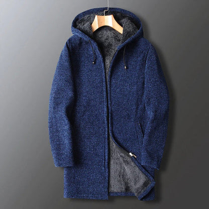 Veste à capuche homme – Coupe décontractée – Tissu chaud effet laine – Longue zippée