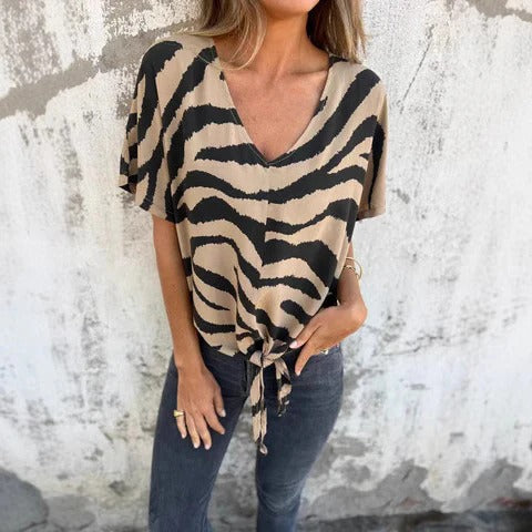 Blouse femme – Coupe décontractée – Col en V – Nœud devant – Manches courtes – Tissu respirant