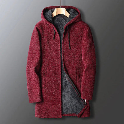 Veste à capuche homme – Coupe décontractée – Tissu chaud effet laine – Longue zippée