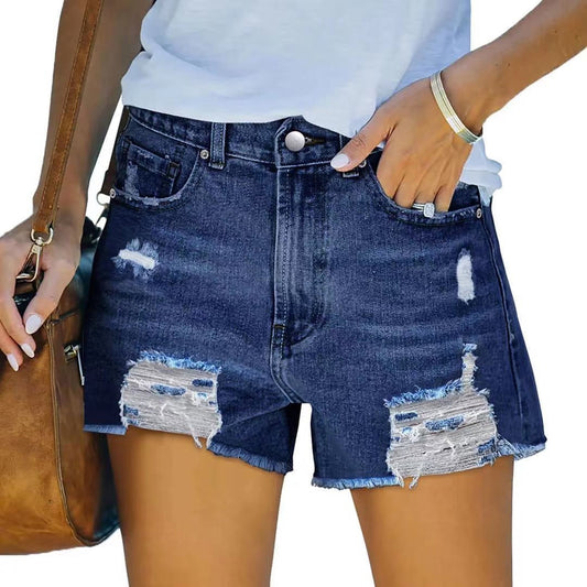 Short en jean femme – Taille haute – Coupe slim – Effet usé – Ourlet effiloché