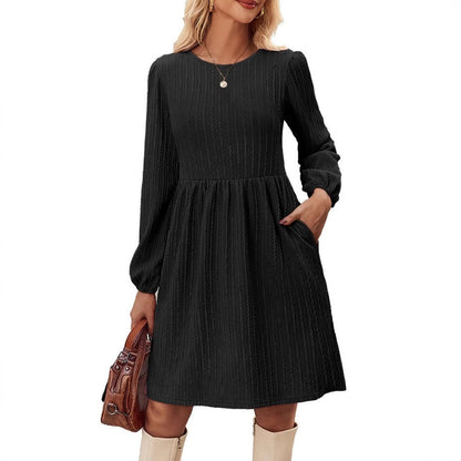 Robe femme en maille – Coupe évasée – Manches longues bouffantes – Col rond jacquard