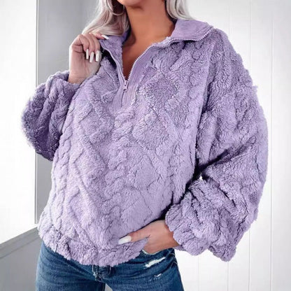 Sweatshirt femme – Coupe oversize – Molleton doux – Col montant demi-zip