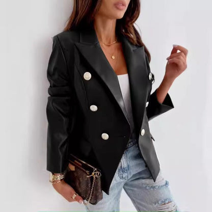 Blazer femme – Similicuir – Coupe cintrée – Double boutonnage – Manches longues