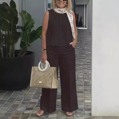 Ensemble Femme Débardeur et Pantalon – Coupe Ample – Lin et Coton – Jambe Large