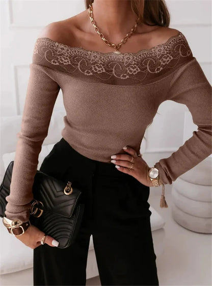 Top épaules dénudées femme – Coupe slim – Dentelle – Maille côtelée – Manches longues