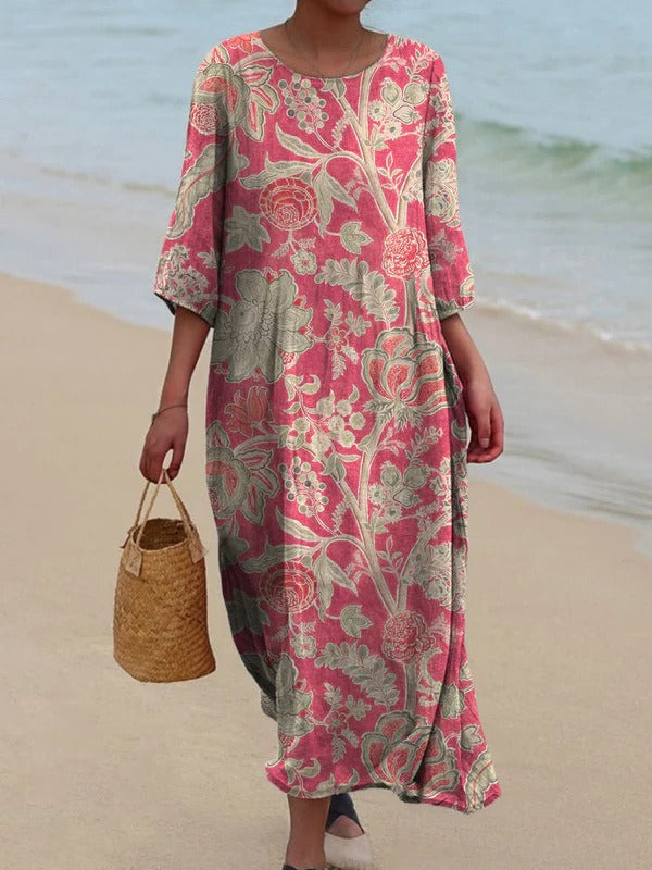 Robe midi femme – Coupe ample – Manches longues – Col rond – Imprimé fleuri rétro
