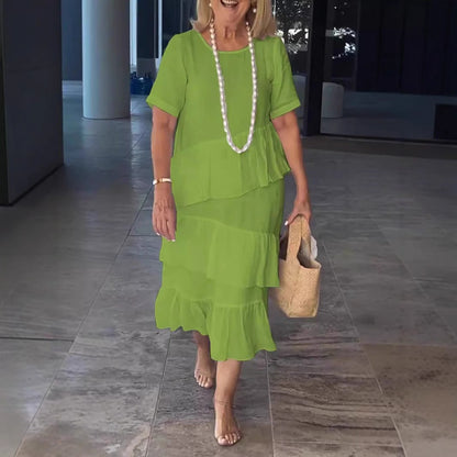 Robe longue femme – Coupe décontractée – Lin et coton – Manches courtes – Volants