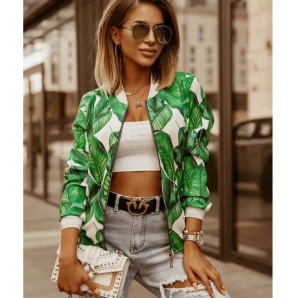 Veste Femme Courte – Coupe Slim – Imprimé Feuilles – Fermeture Zippée – Finitions Côtelées
