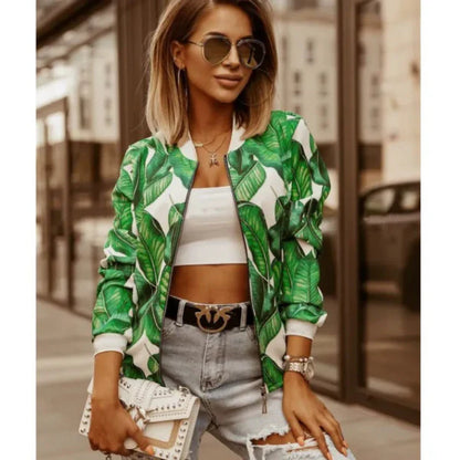 Veste Femme Courte – Coupe Slim – Imprimé Feuilles – Fermeture Zippée – Finitions Côtelées