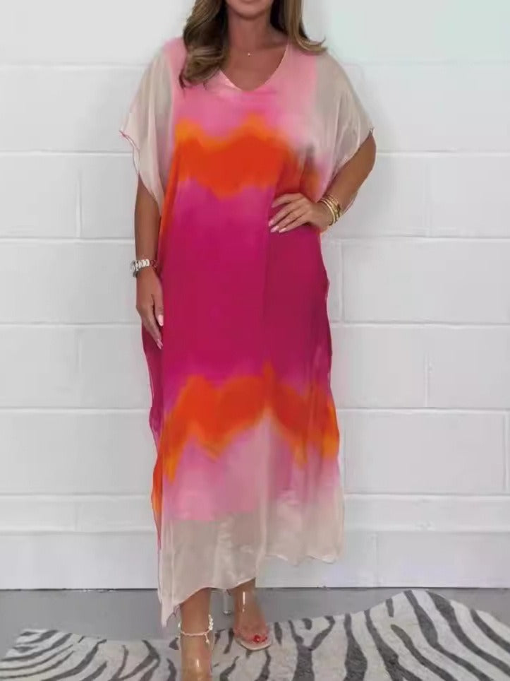 Robe longue femme – Chiffon léger – Coupe fluide – Col V – Manches courtes – Dégradé