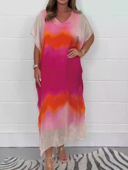 Robe longue femme – Chiffon léger – Coupe fluide – Col V – Manches courtes – Dégradé