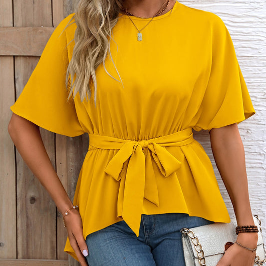 Blouse femme – Coupe décontractée – Taille nouée – Manches courtes – Tissu fluide respirant