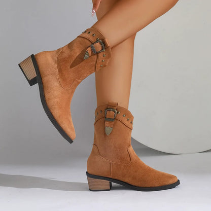 Bottes mi-mollet femme – Aspect suédé – Bout pointu – Talon épais – Boucle décorative