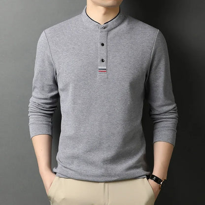 T-shirt manches longues homme – Coton – Coupe régulière – Col montant – Patte boutonnée