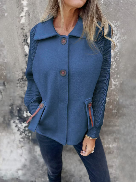 Veste femme – Coupe décontractée – Manches côtelées – Col large – Boutonnage devant