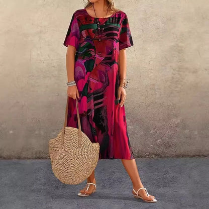 Robe midi femme – Coupe décontractée – Imprimé abstrait – Manches courtes – Col rond